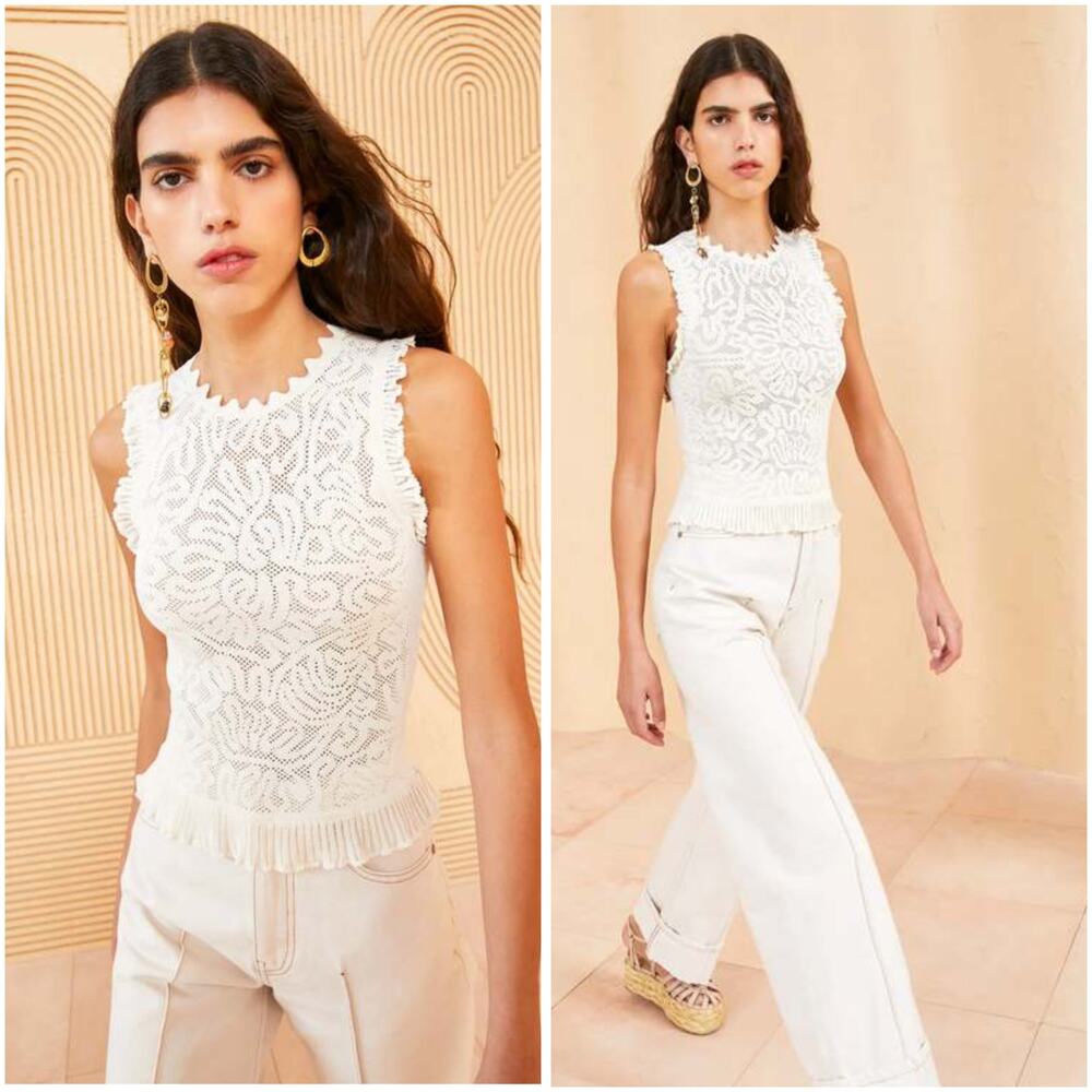 Ulla Johnson Zoe Alabaster Open Knit Ruffle Sleeveless Top P/XS